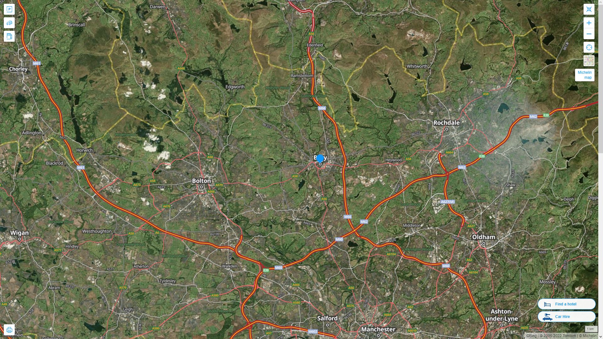 Bury Royaume Uni Autoroute et carte routiere avec vue satellite